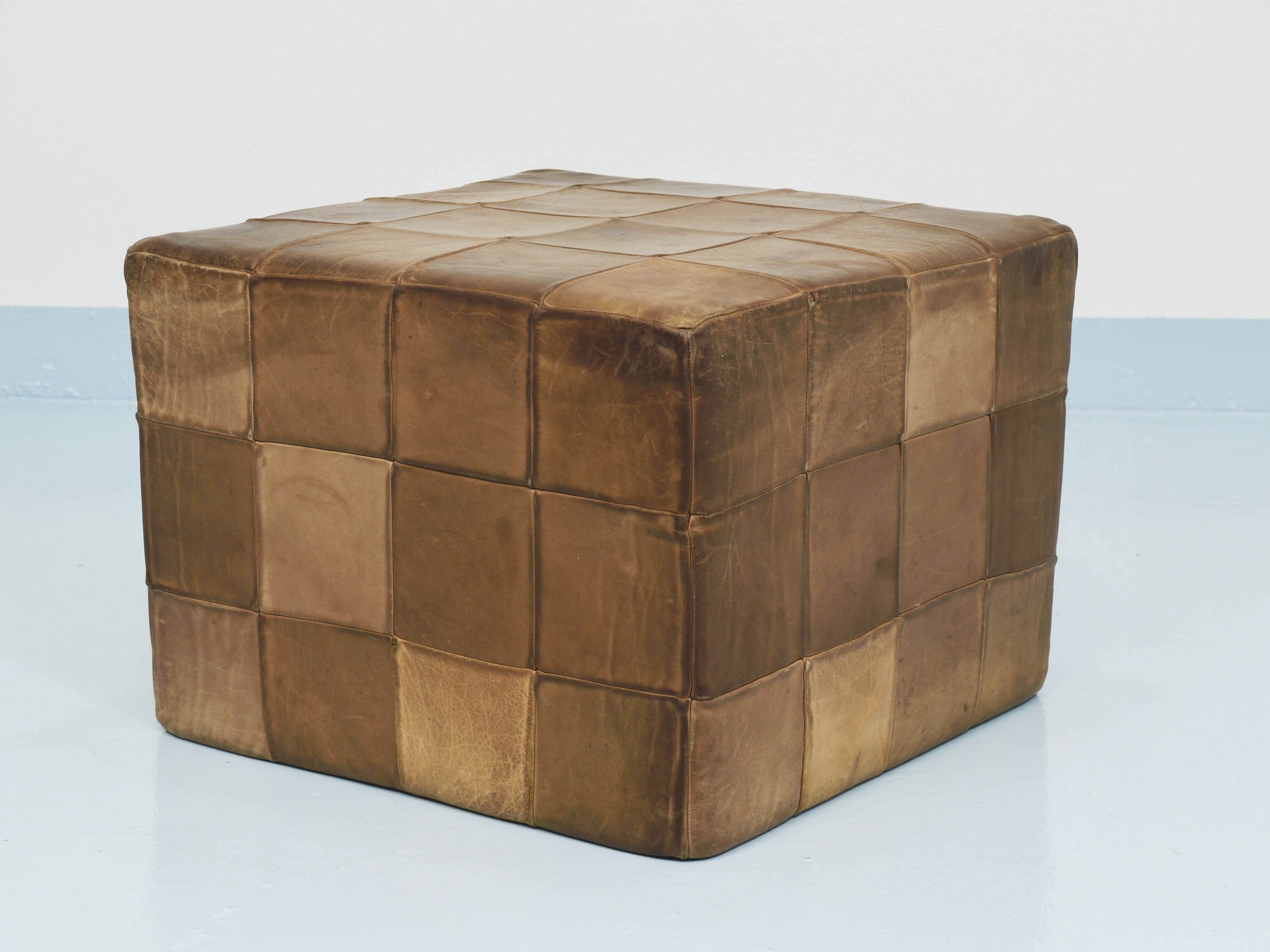 De Sede Patchwork Leather Cube Stool, Pouf, Ottoman, Switzerland, 1970s