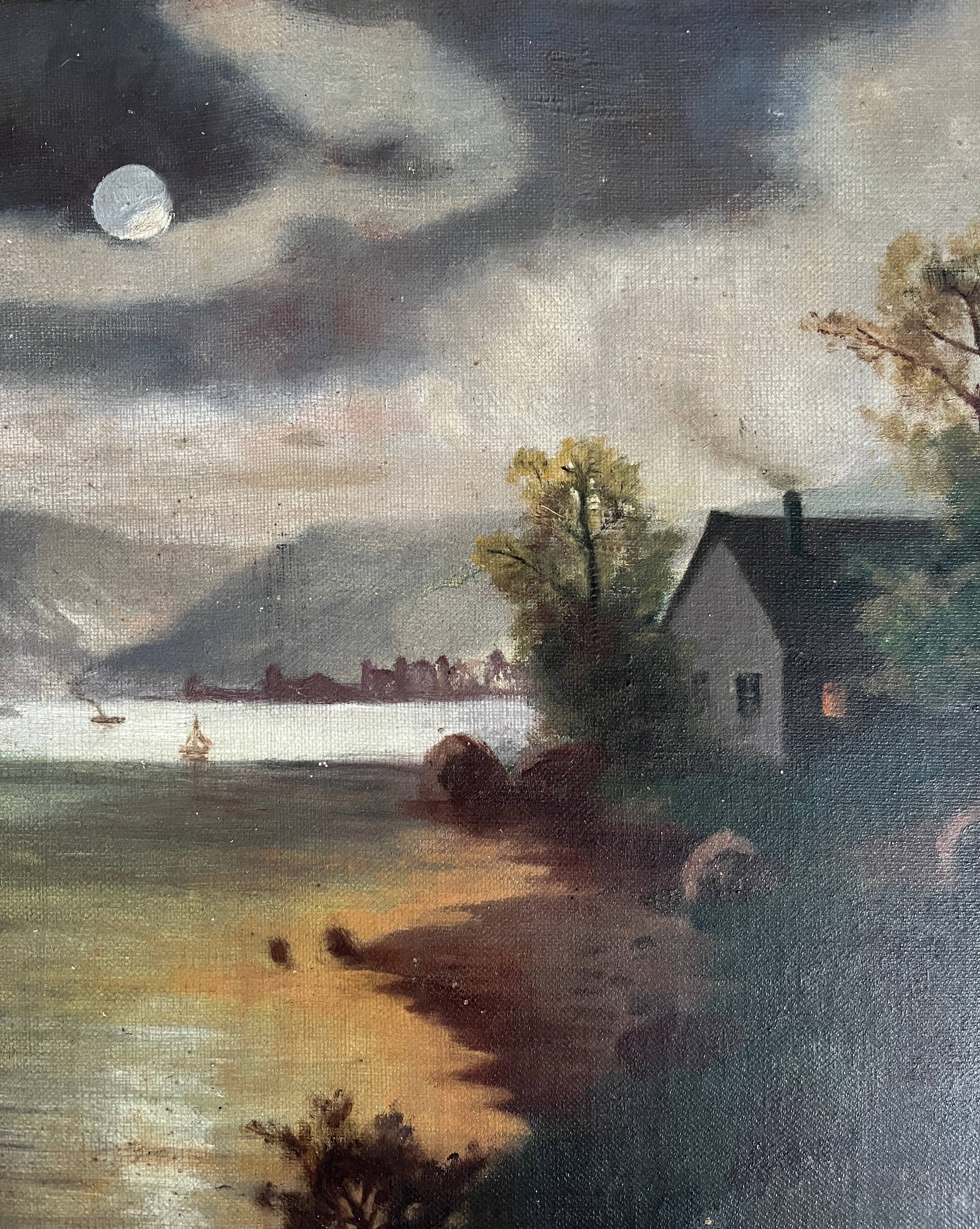 Pendant of HST painting "Landscape in the moonlight" signed + frame circa 1920