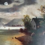 Pendant of HST painting "Landscape in the moonlight" signed + frame circa 1920