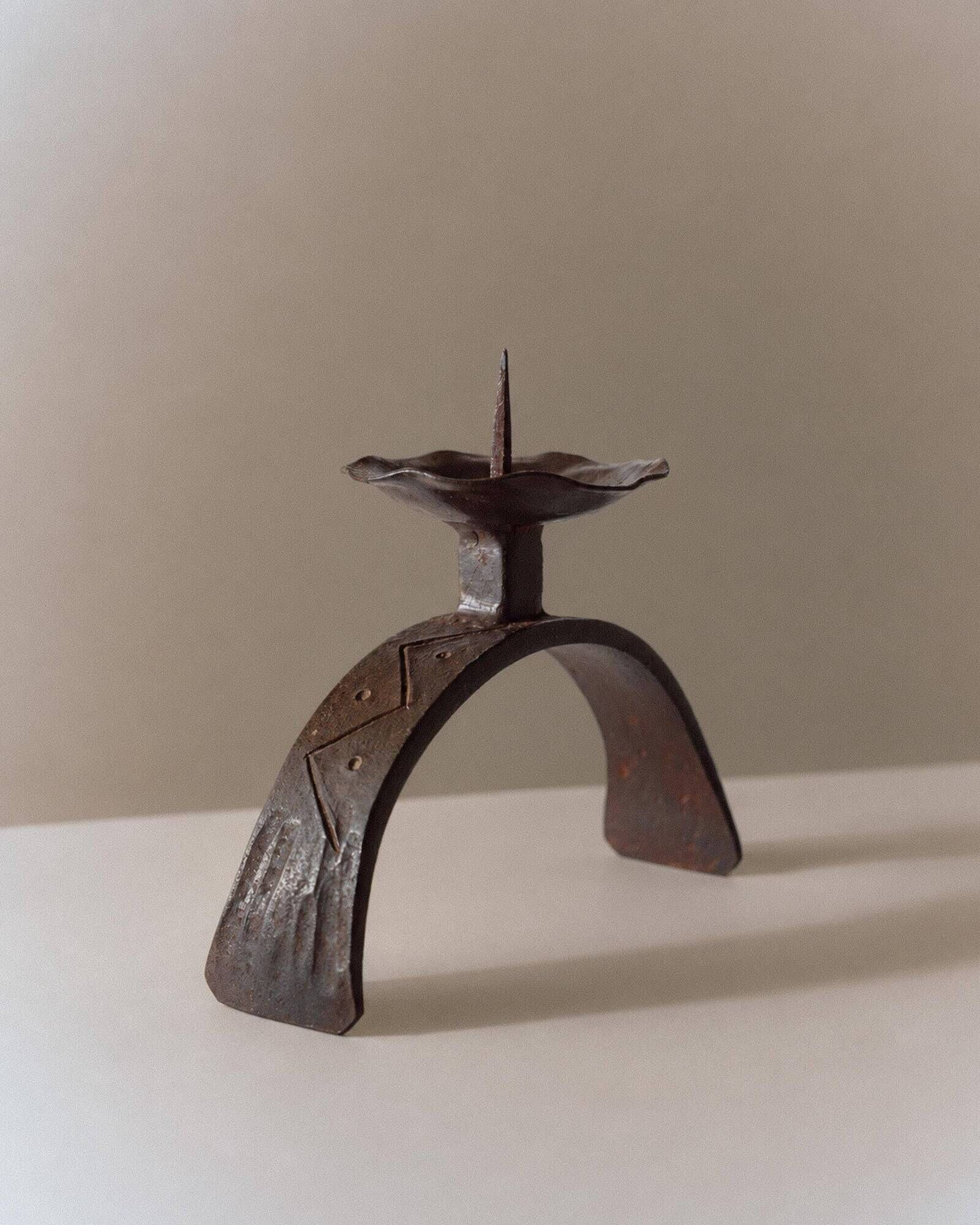 Vintage wrought iron candlestick from the 1960s, sculptural relief pattern for pillar candle, rustic Mid-Century metal, elegant gift idea.