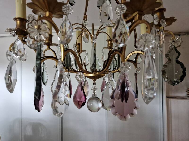Brass cage chandelier and crystal pendants with 8 lights and 79 pendants
