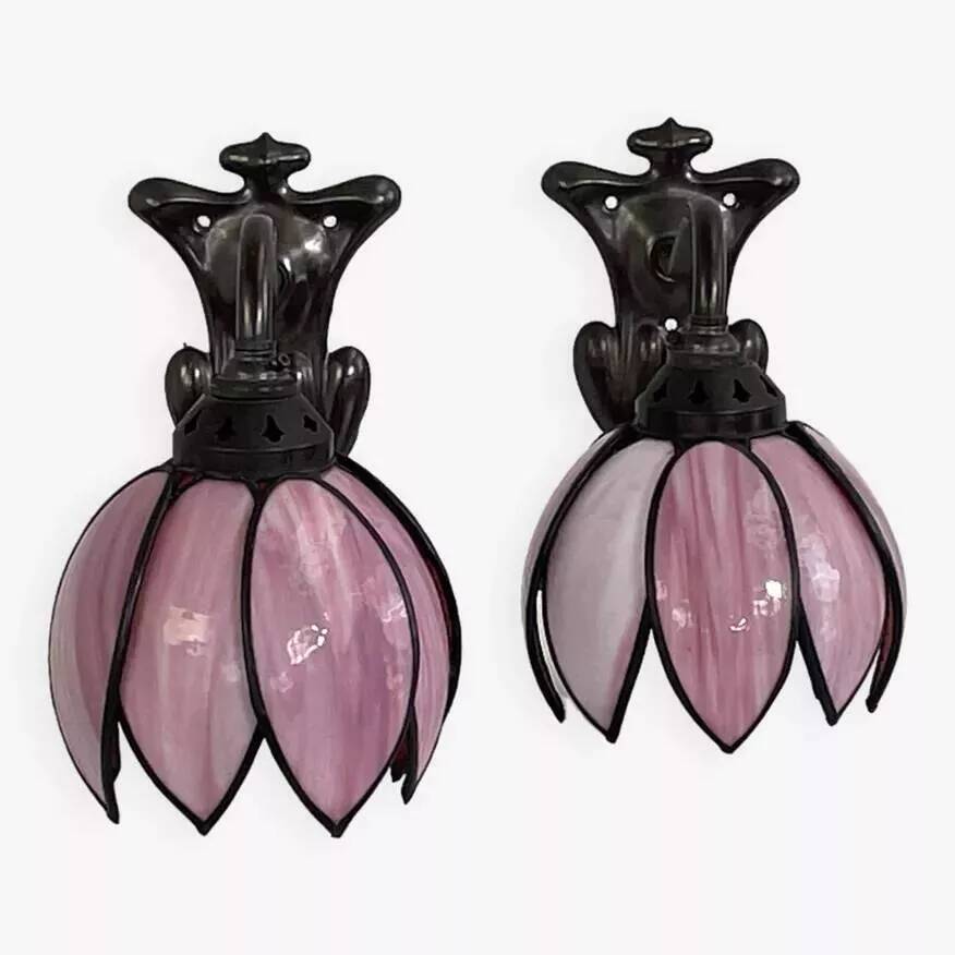 Pair of Tiffany style iron and glass leg wall lights