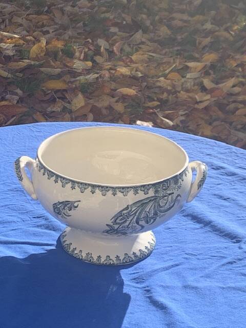 Soup tureen base, old salad bowl, iron earth with blue iris pattern, 19th century, collector's item