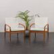 Pair of Kai Kristiansen Paperknife lounge chairs in teak and natural wool