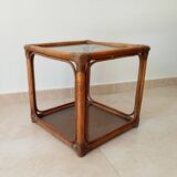 Table d'appoint vintage rotin et verre fumé années 70