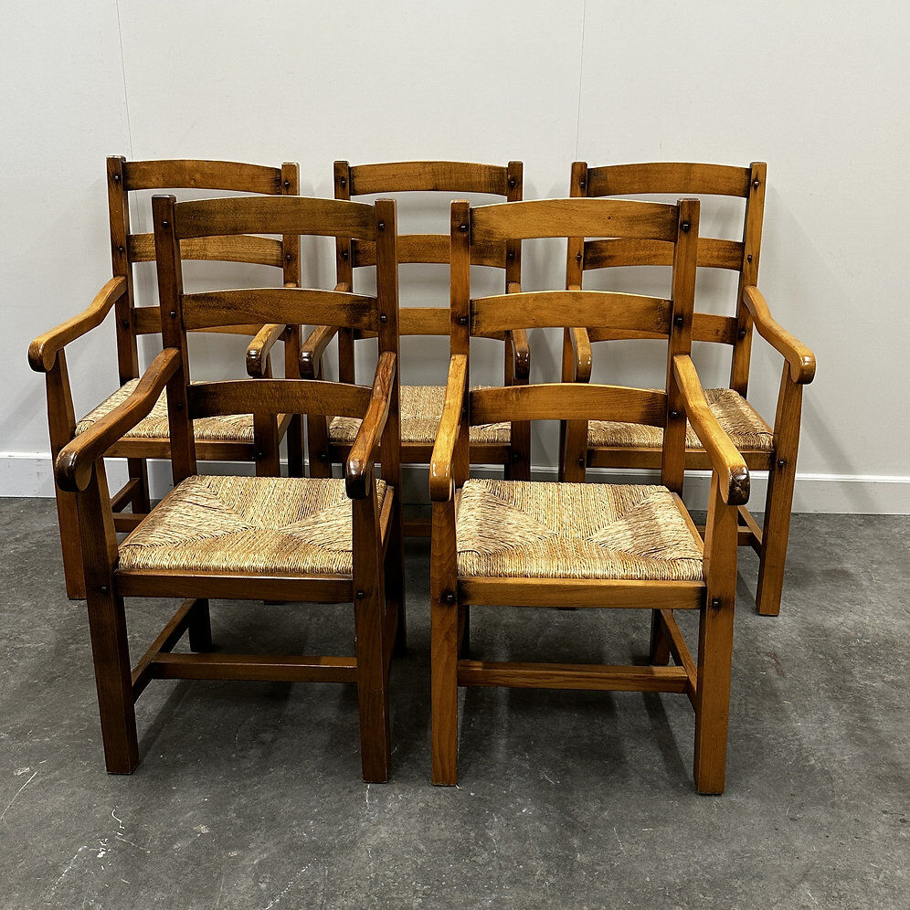 Set of 5 large French oak dining armchairs with rush seats, 1970s