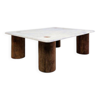 Unique rectangular Coffee Table in Marble and Teak Wood - Belgian creation