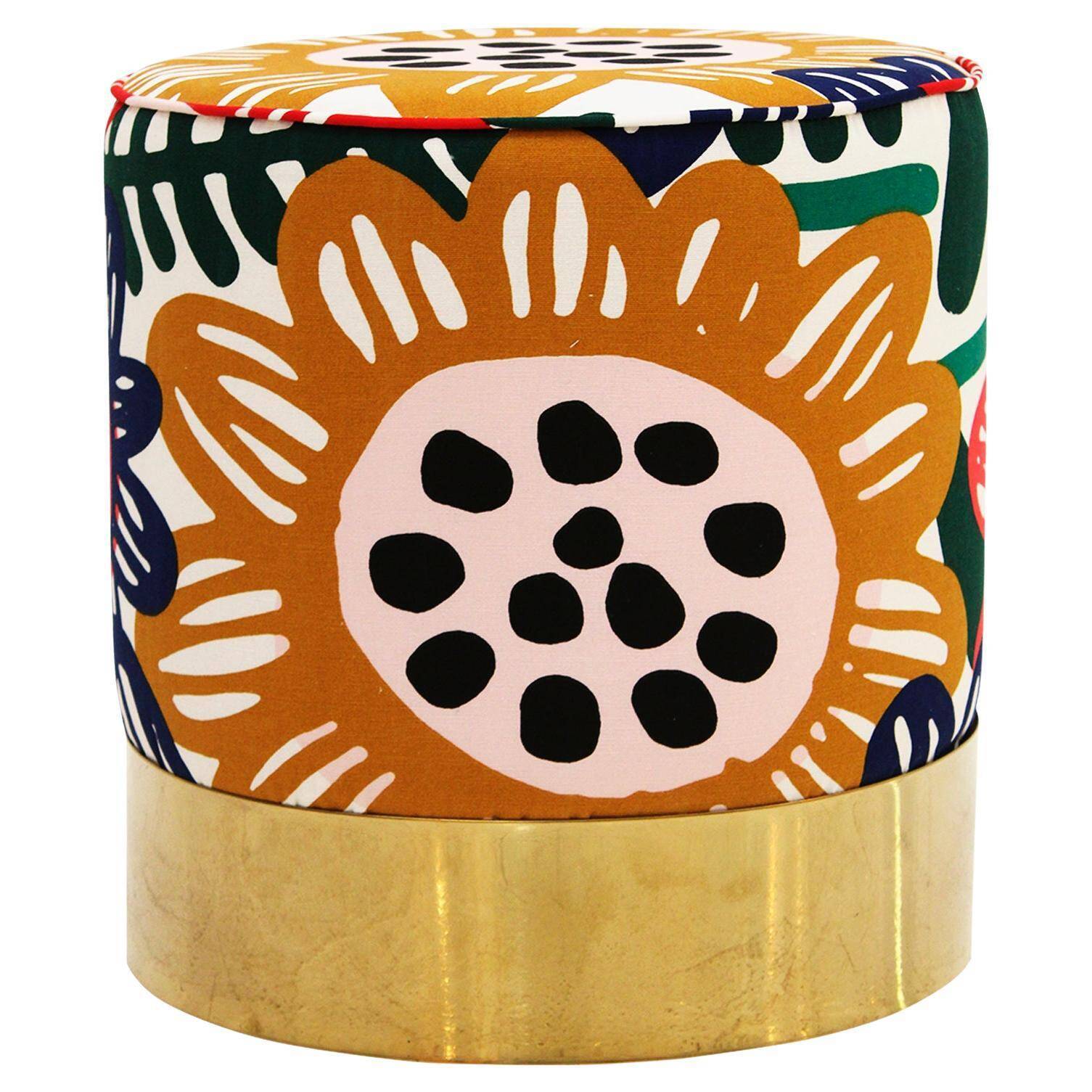 Contemporary Multicolour Floral-patterned Fabric and Brass Italian Circular Pouf