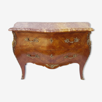 Commode de style Louis XV marbre rose et bronze