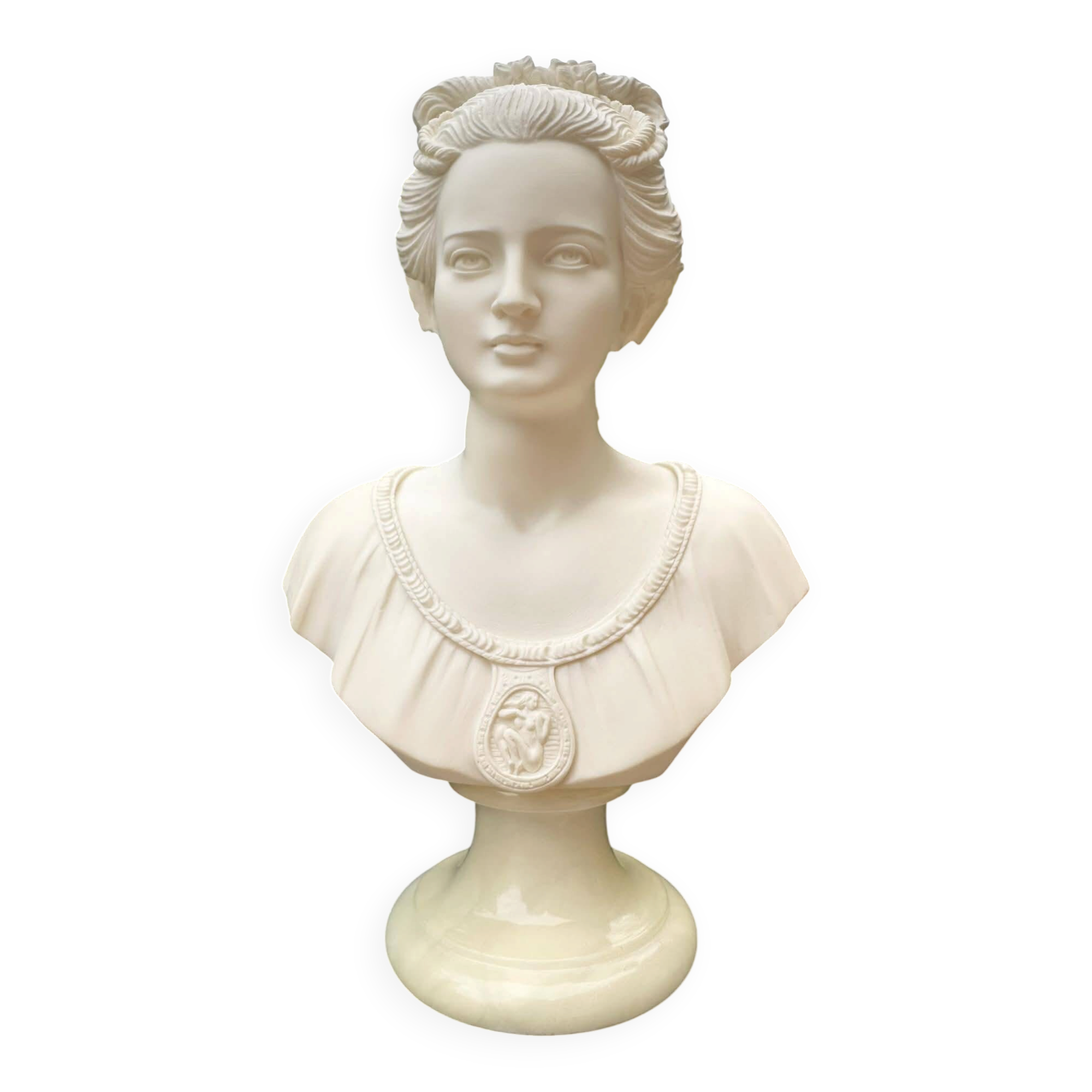 Alabaster bust of a woman signed Arnaldo Giannelli dated 1980.