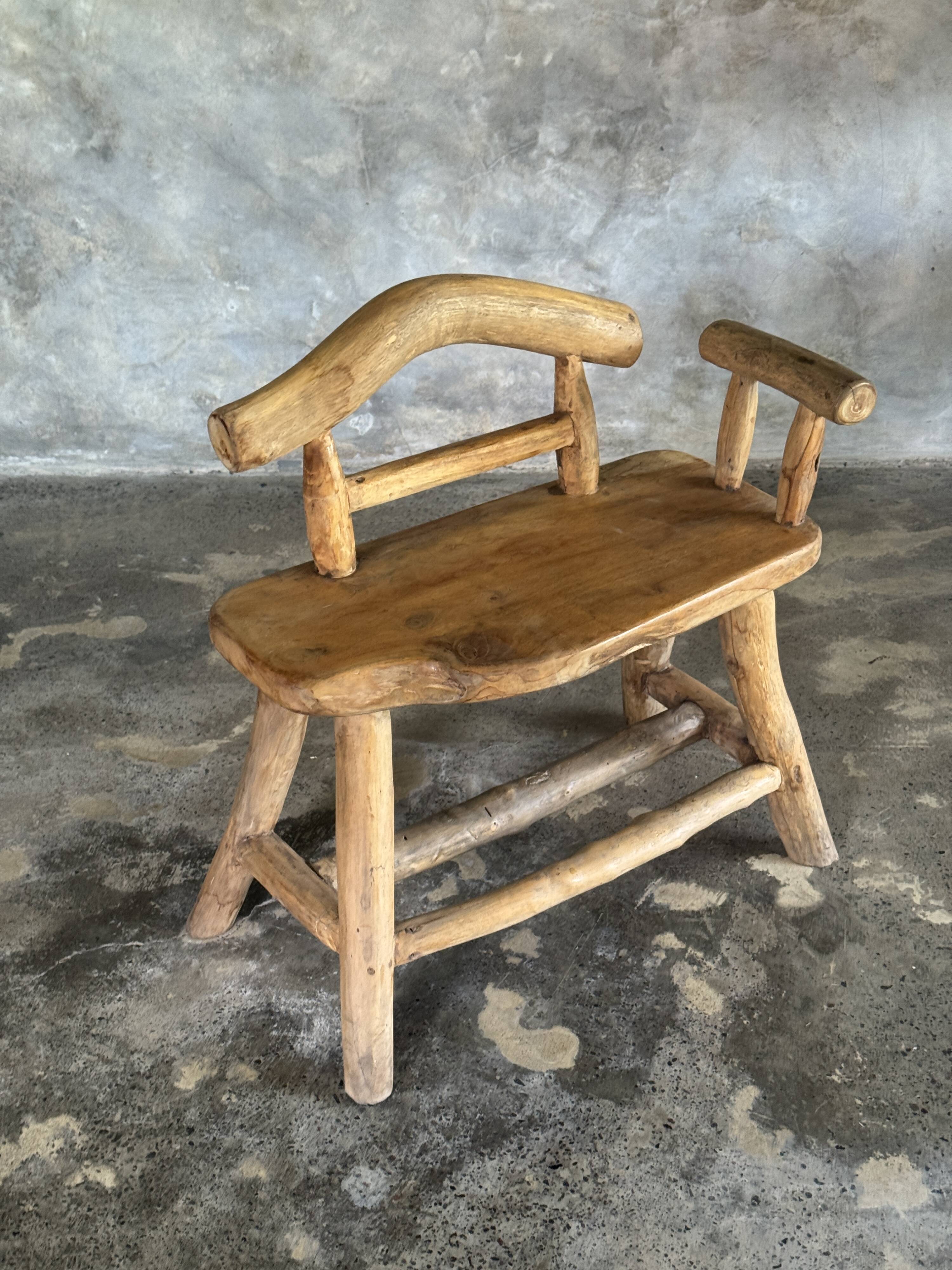 Small brutalist bench with backrest and armrests in Asian blonde teak H67 L6
