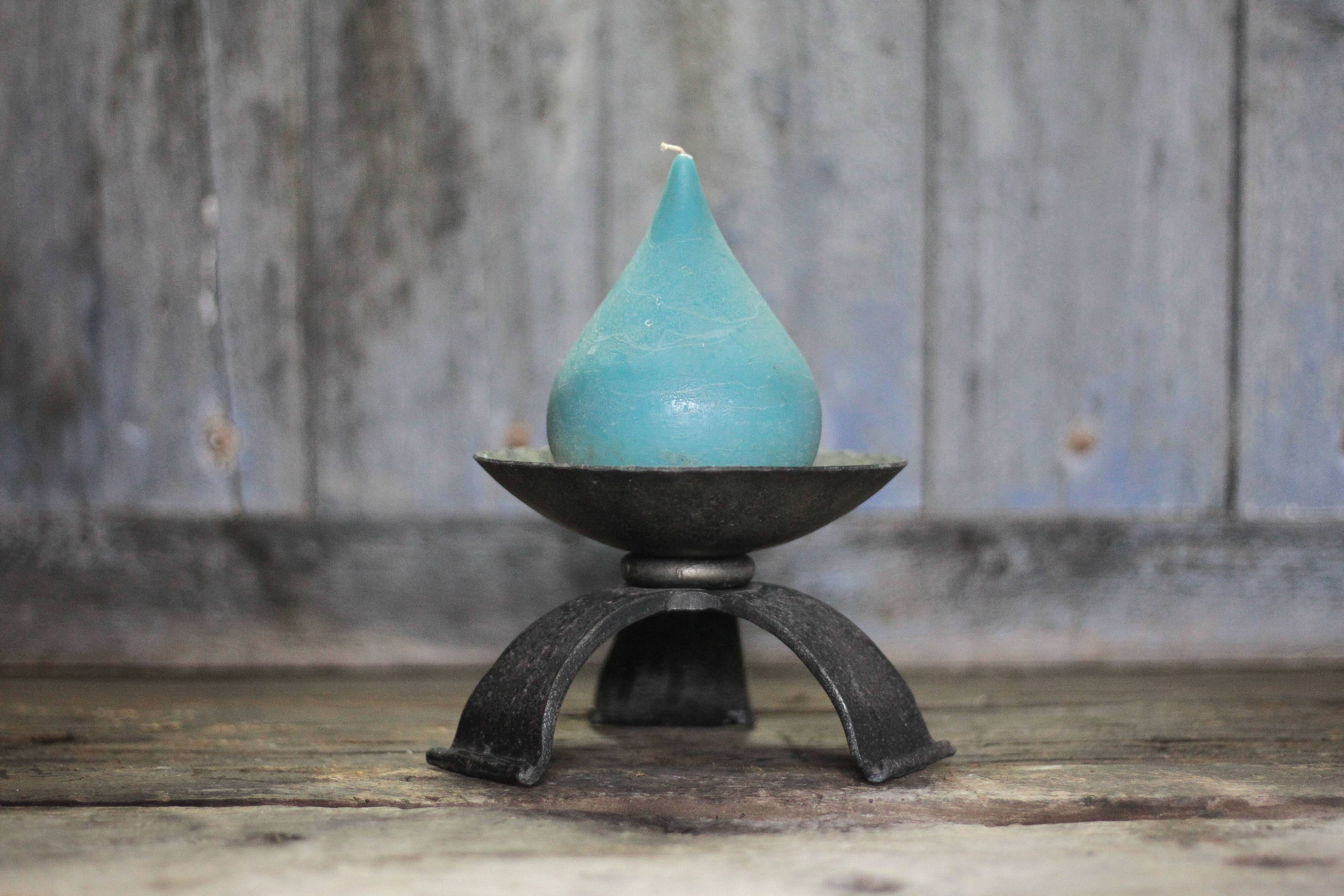 Large hammered wrought iron candlestick tripod, modernist candle holder.