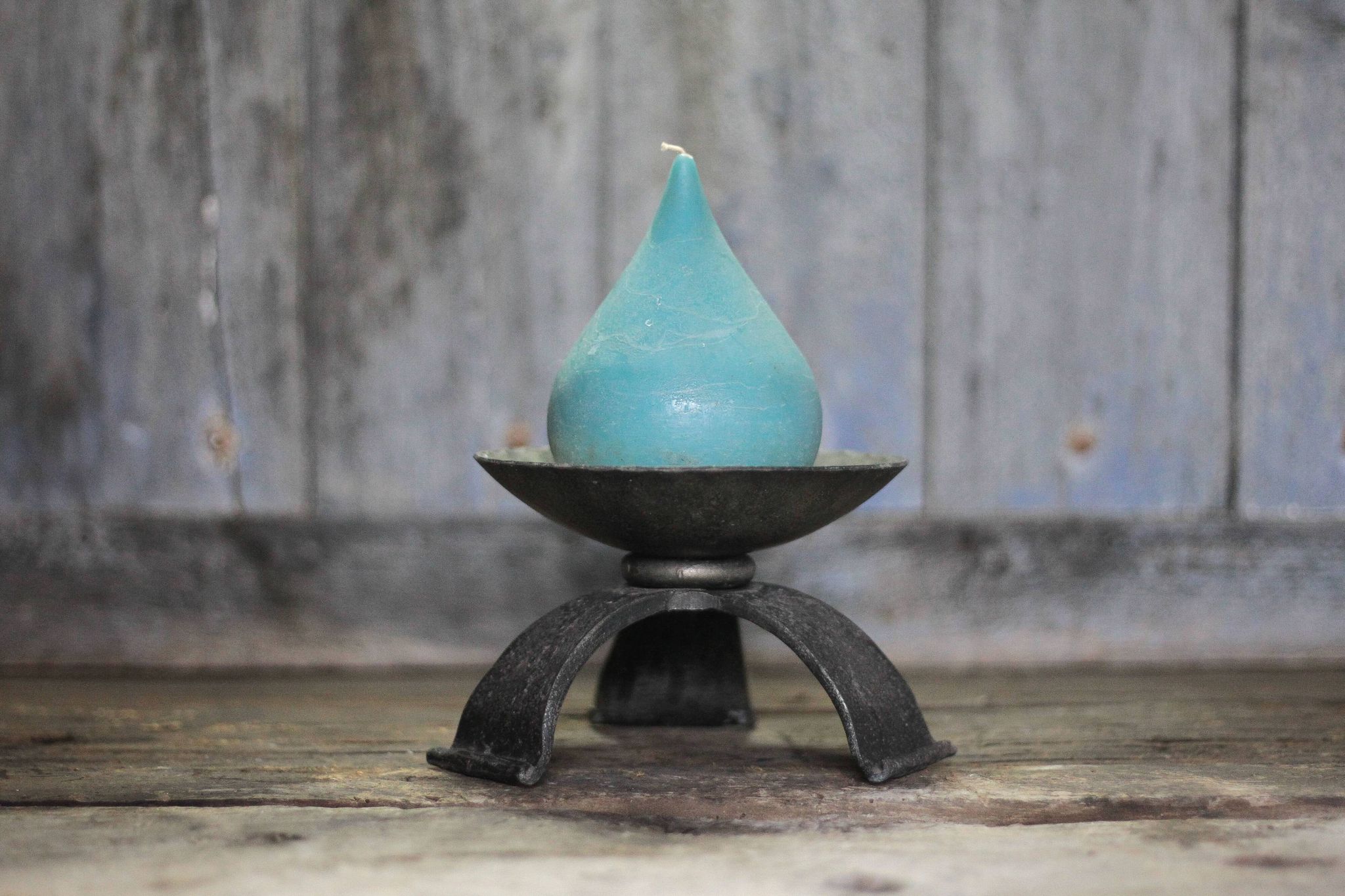 Large hammered wrought iron candlestick tripod, modernist candle holder.