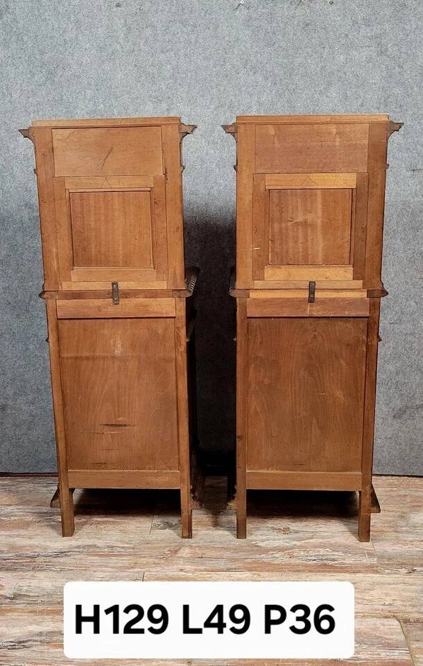 Pair of Renaissance style bedside tables in carved walnut, 19th century