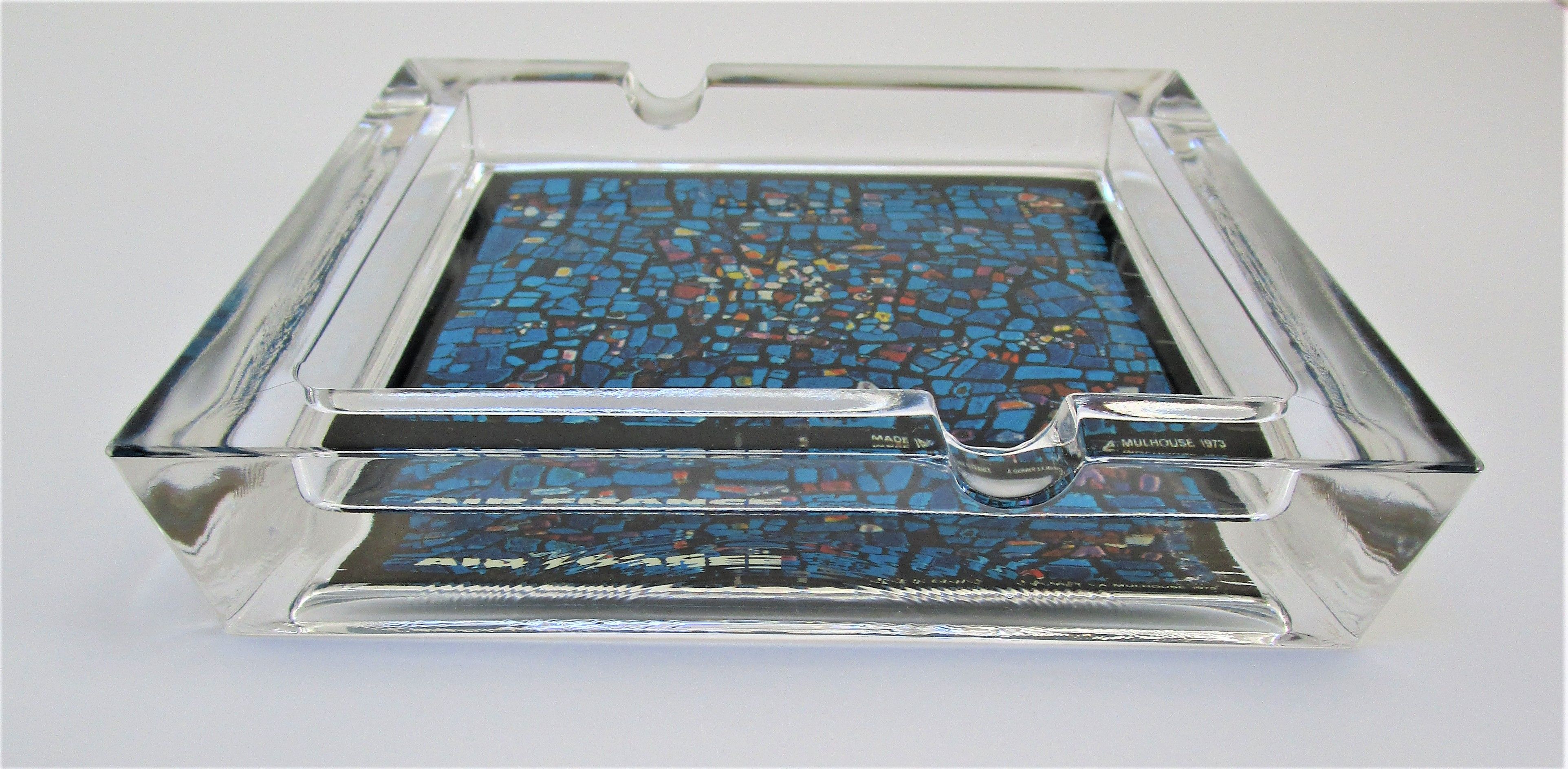 Ashtray thick glass blue decoration Air France 70s