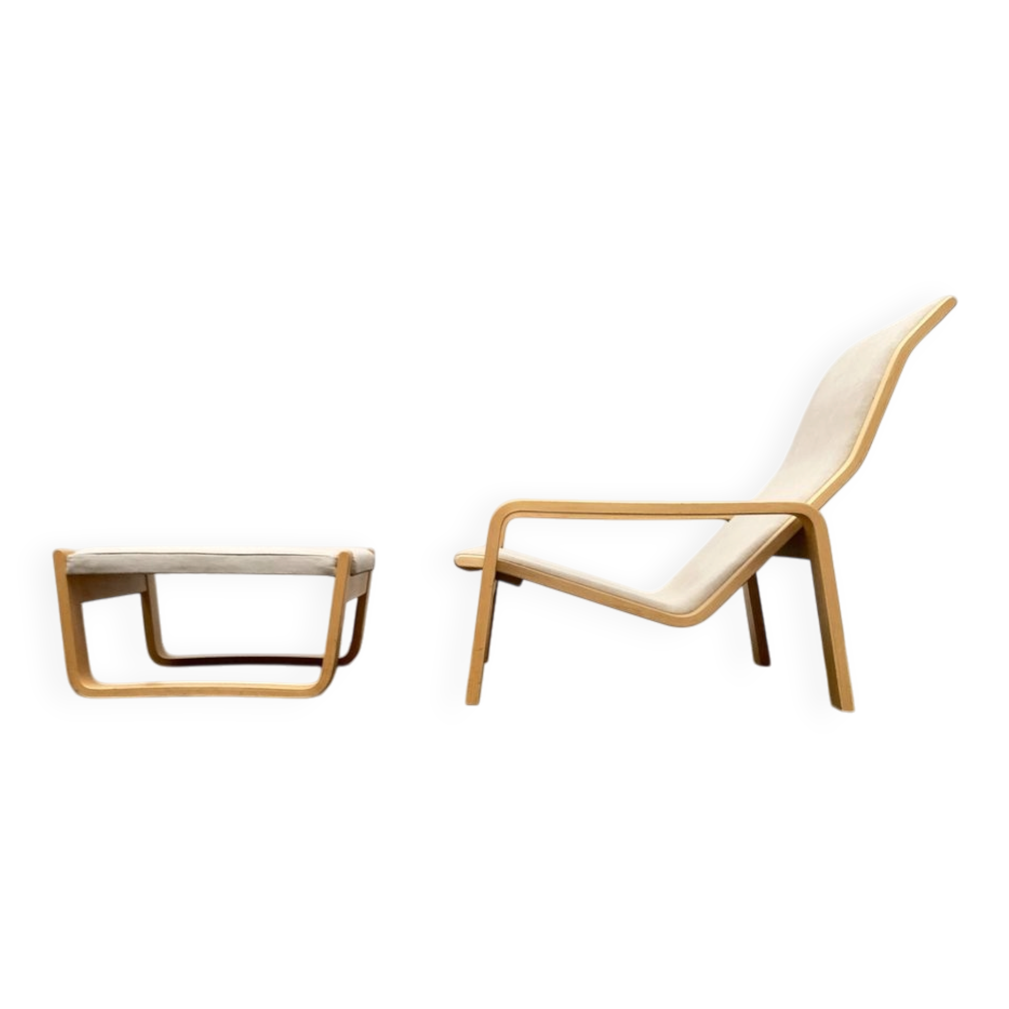 Pulkka lounge chair set in mid-century style with ottoman by Ilmari Lappalainen for Asko, Finland, 1960s.