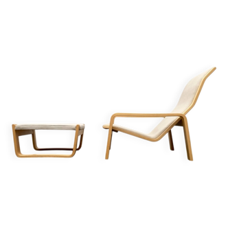 Pulkka lounge chair set in mid-century style with ottoman by Ilmari Lappalainen for Asko, Finland, 1960s.
