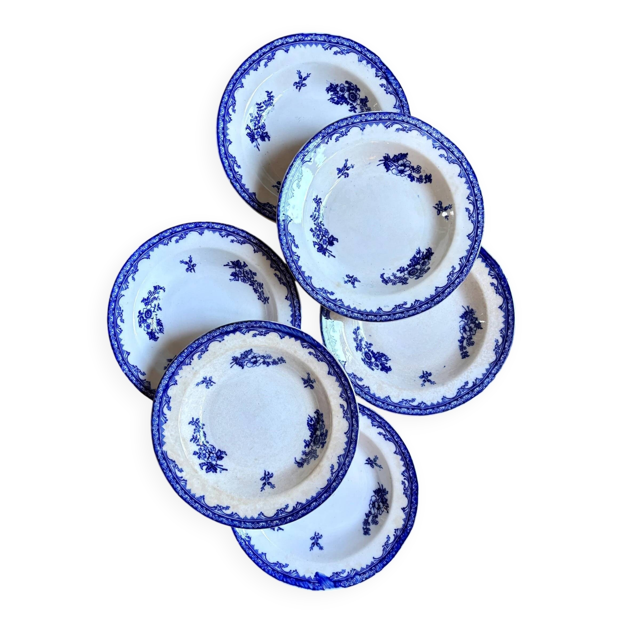 6 Staffordshire blue ironstone soup plates