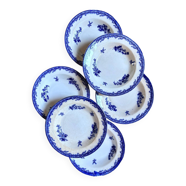 6 assiettes creuses Staffordshire en terre de fer bleue