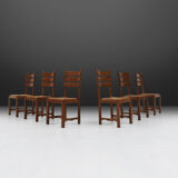Set of six brutalist dining chairs in oak an wicker