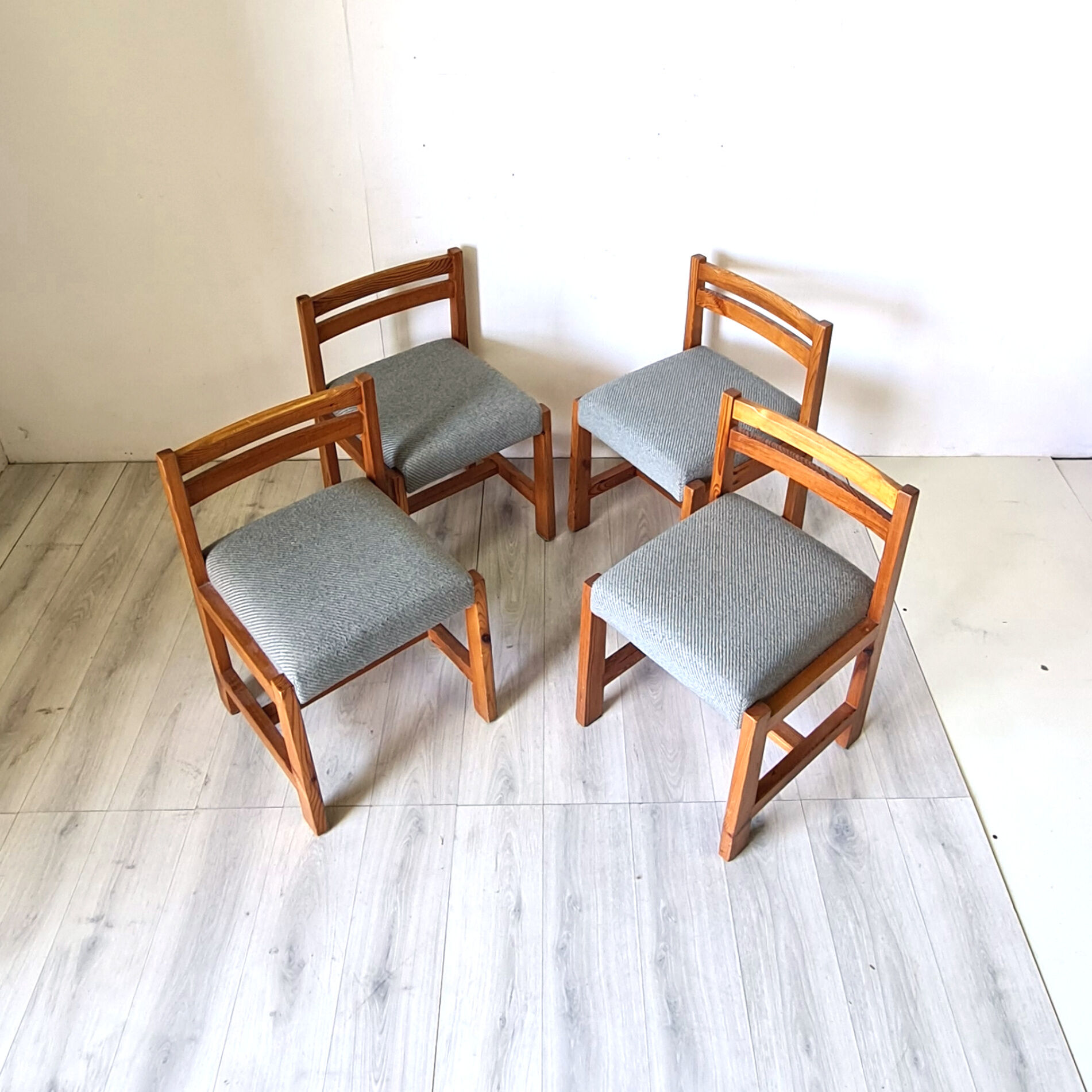 Modernist solid pine chairs with wool fabric seats, 1960s