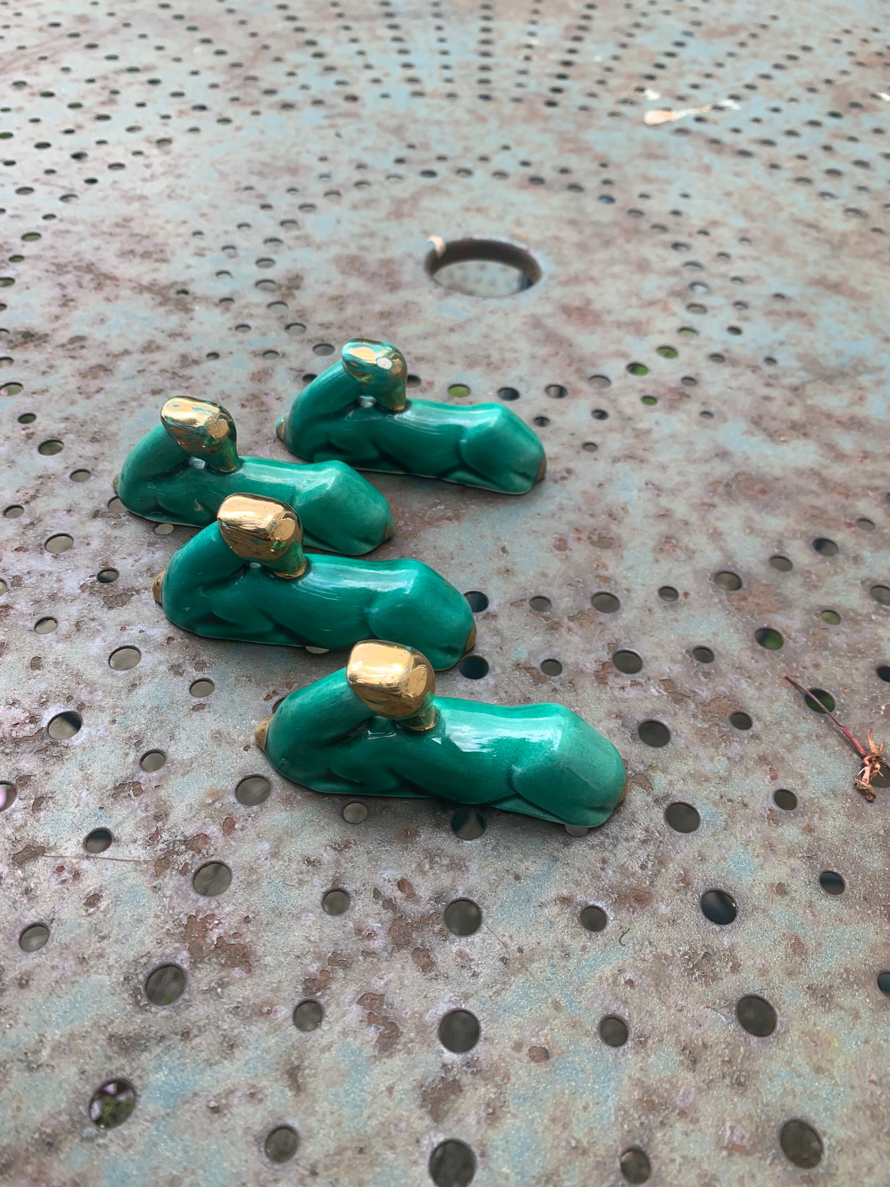 4 knife holders the deer in green and gold glazed ceramic art deco