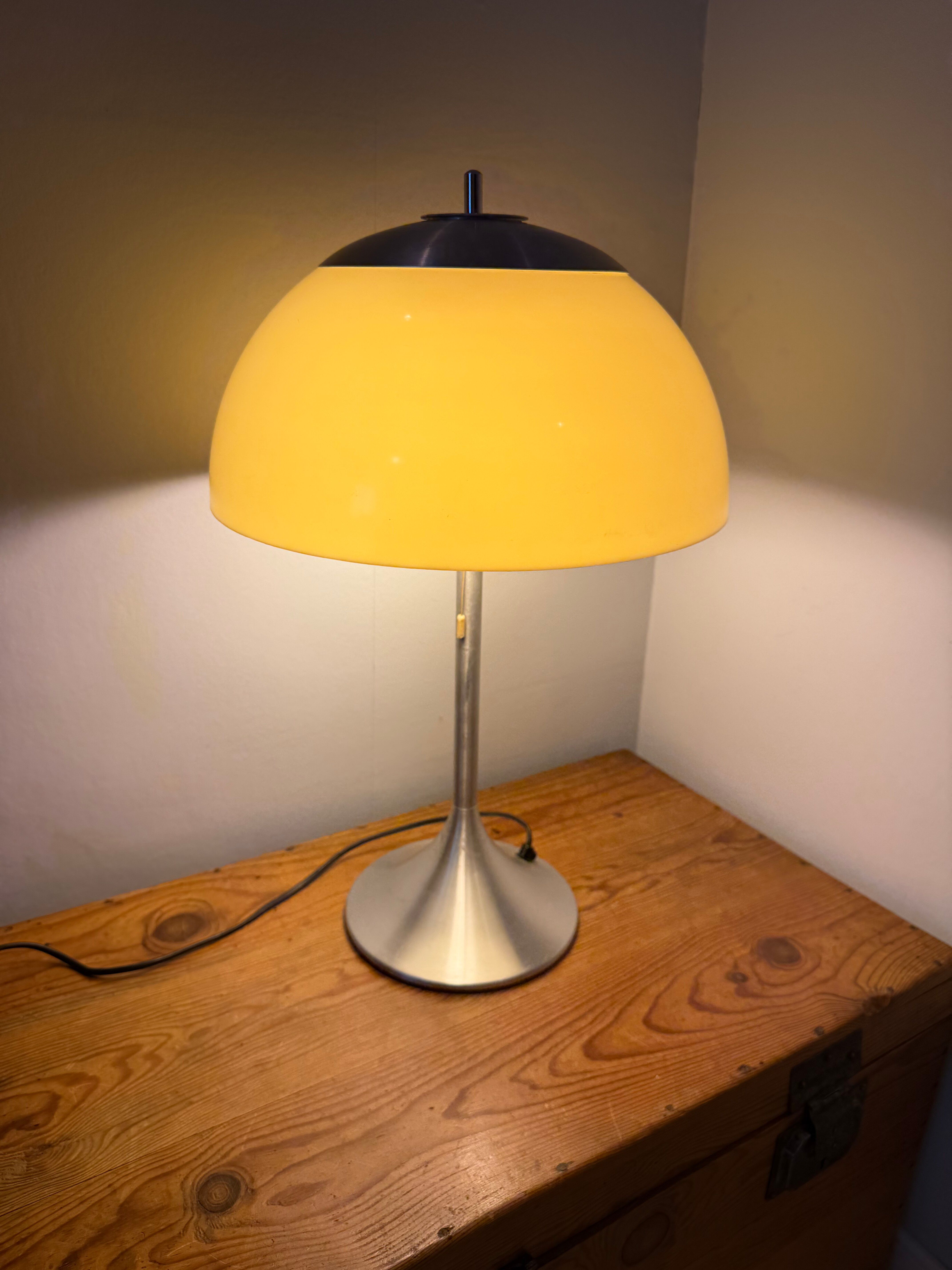 Space age mid-century mushroom lamp in brushed aluminium.