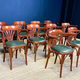 Set of 10 wooden bistro armchairs with green leatherette palmette from the 80s France