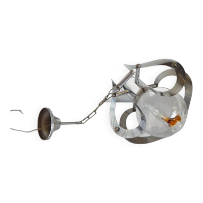 Ancien lustre lampe suspension mazzega murano verre opalescent et métal chr