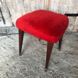 Ancien Tabouret Moumoute Rouge + Pieds Compas Bois Vintage