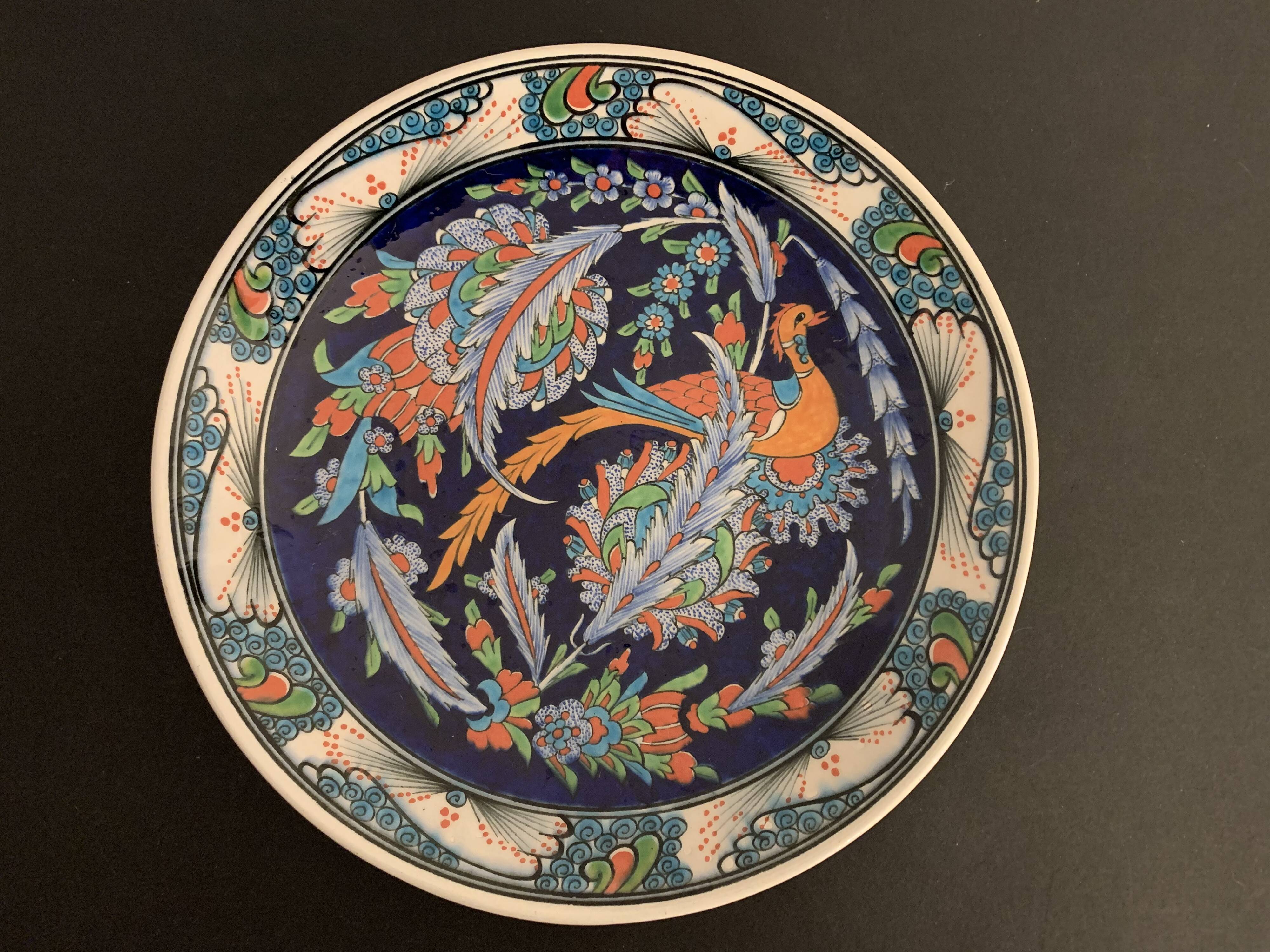 Turkish earthenware dish, coloured, handmade and signed Coskun Uzun, Kotahya, Turkey