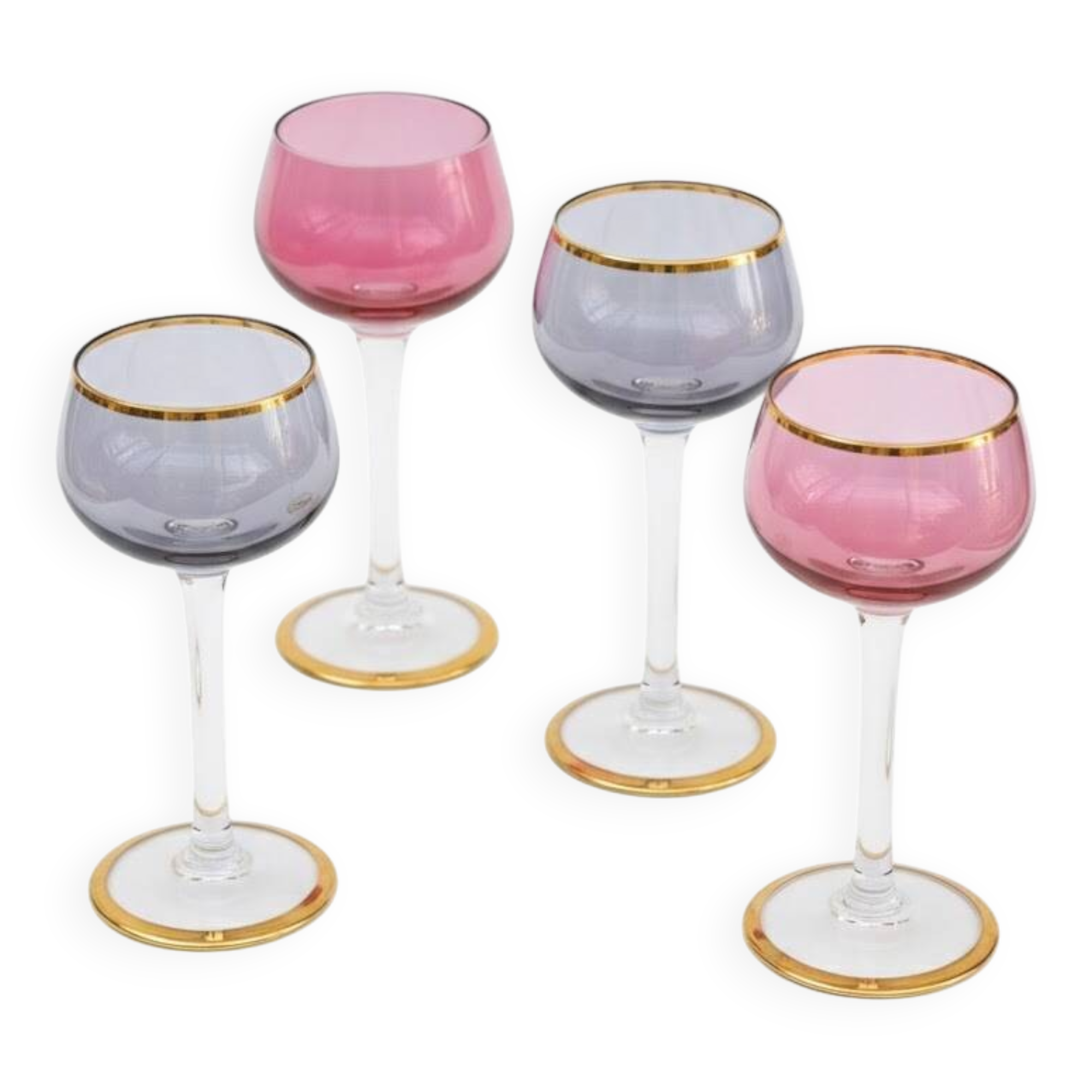 Four colorful stemmed wine glasses