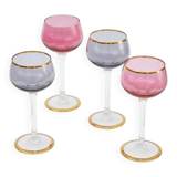 Four colorful stemmed wine glasses