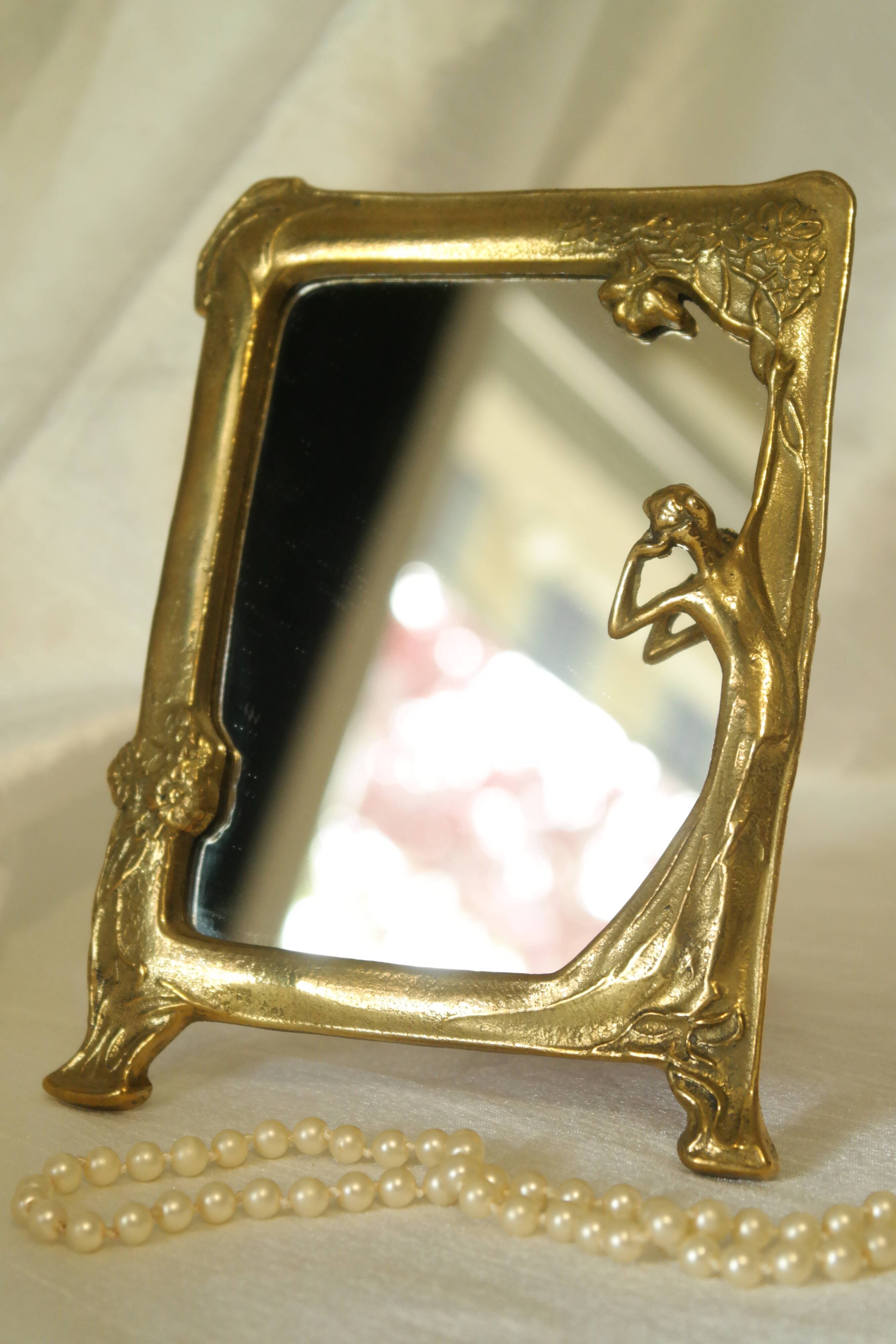 Art Nouveau brass bridge mirror 17 x 13