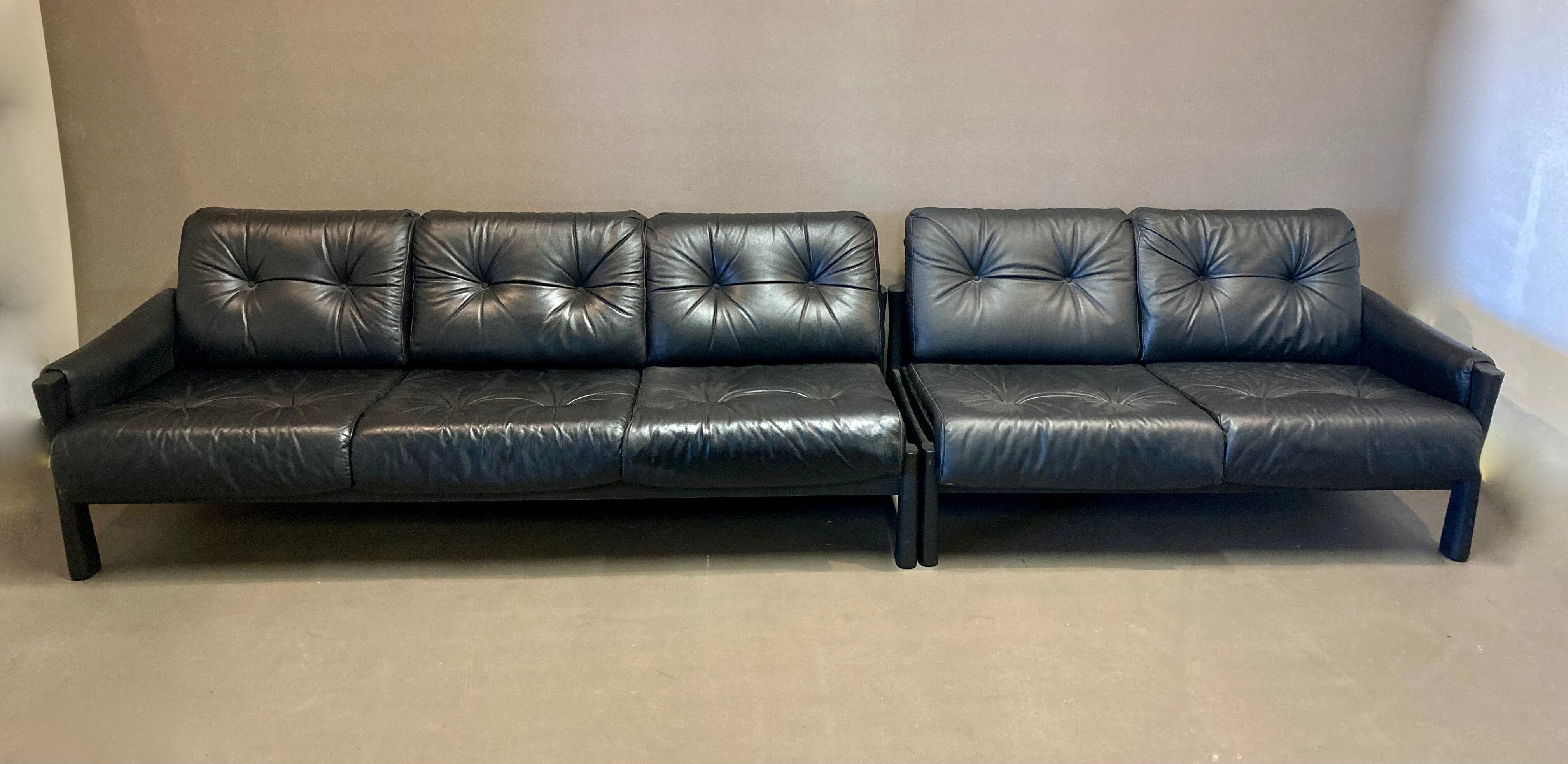 Sofa 5 places modular black leather design 1960