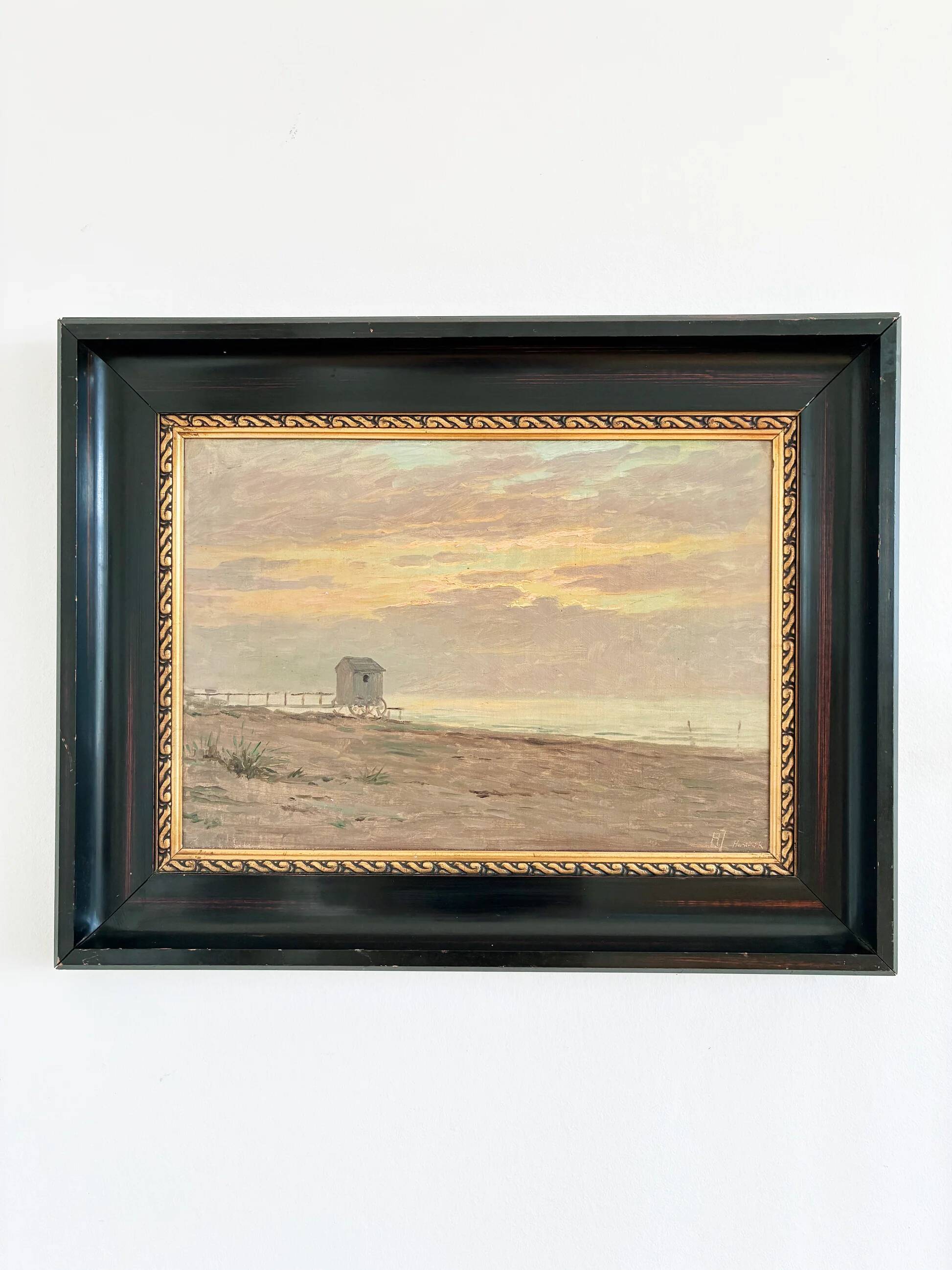 Vintage original seascape oil painting, signed beachside art