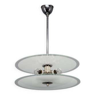 1930s Bauhaus chrome and glass chandelier, Czechoslovakia