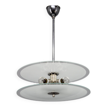 1930s Bauhaus chrome and glass chandelier, Czechoslovakia