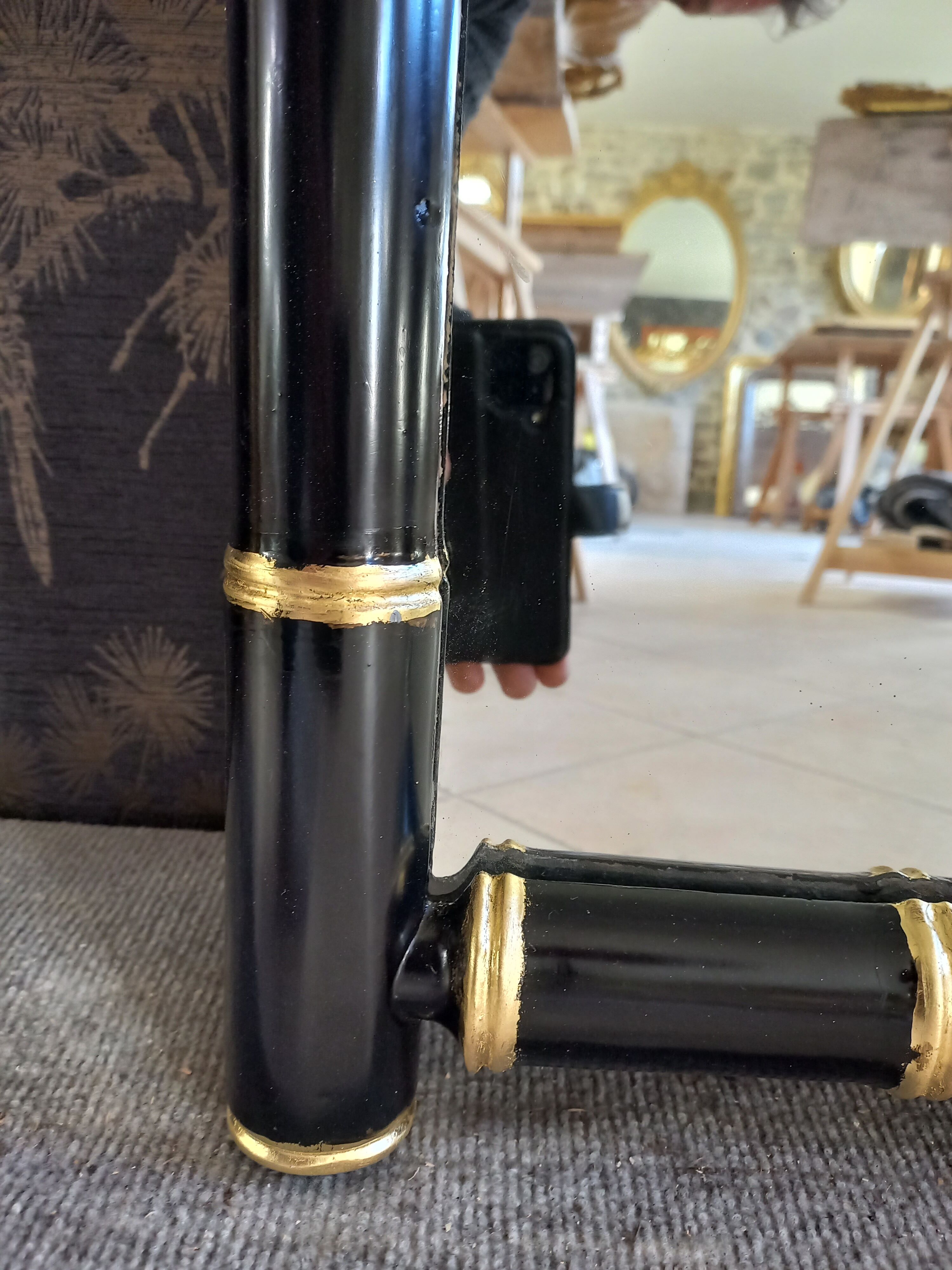 Bamboo mirror XX th lacquered black and gold