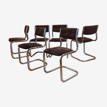 6 chaises cantilever metal chromée et croute de cuir marron