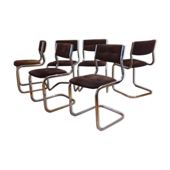 6 chaises cantilever metal chromée et croute de cuir marron