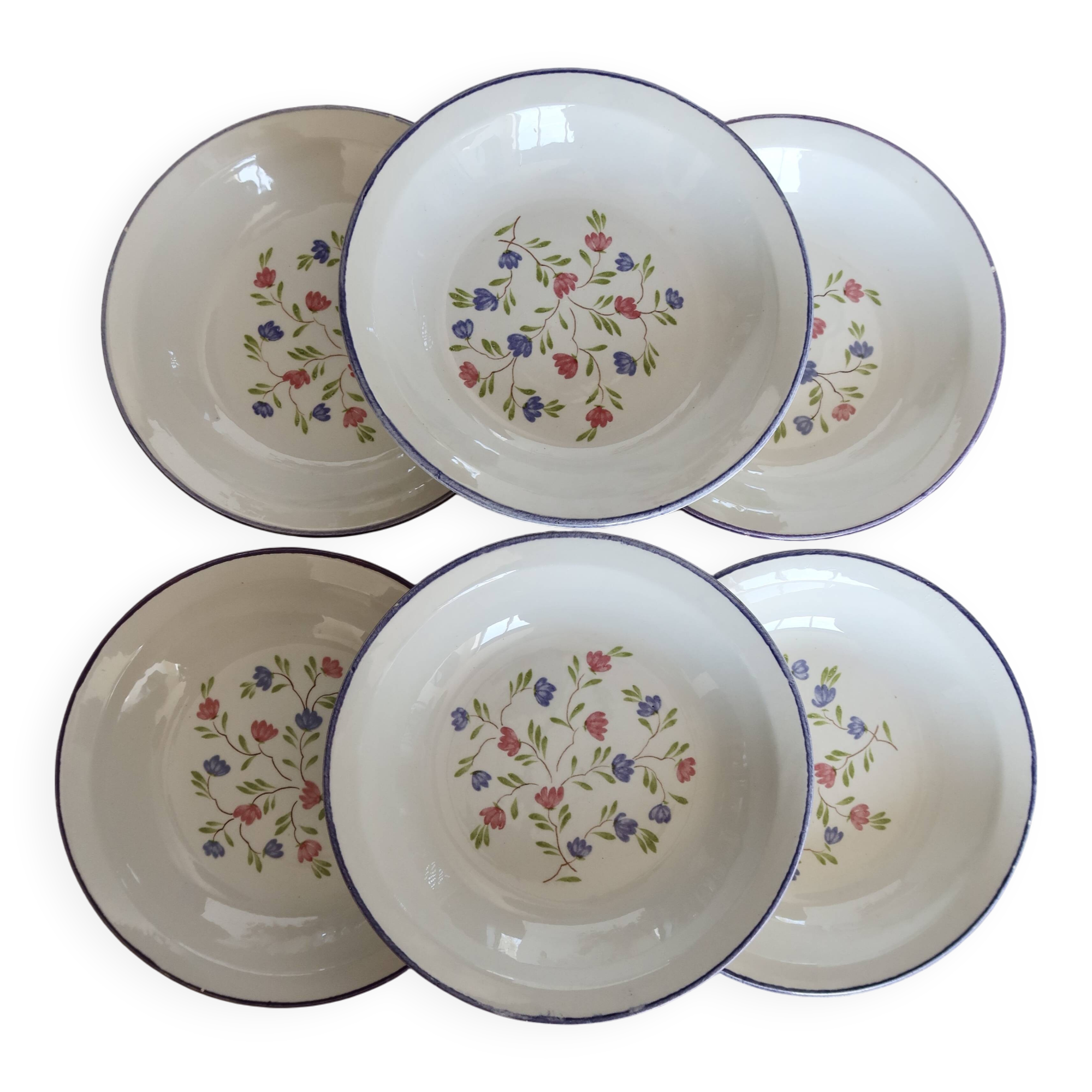 6 vintage porcelain Moulin des Loups soup plates with lilac floral pattern
