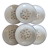 6 vintage porcelain Moulin des Loups soup plates with lilac floral pattern