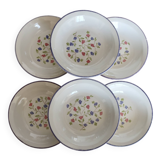 6 vintage porcelain Moulin des Loups soup plates with lilac floral pattern