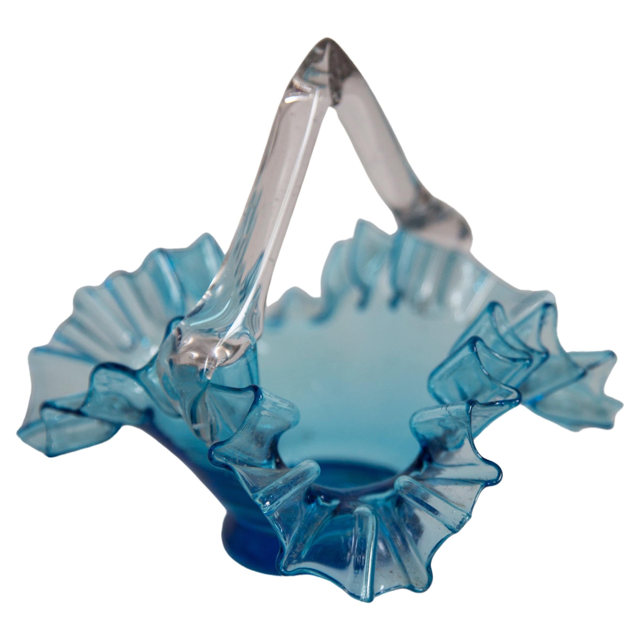 Vintage blue glass decorative basket with frills, Drost, Europe, 1960s