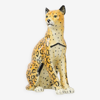 Vintage Leopard Cheetah Statue Glazed Ceramic 1980s Italy
