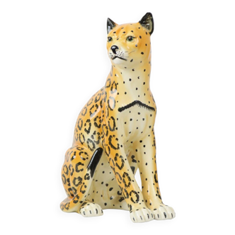 Vintage Leopard Cheetah Statue Glazed Ceramic 1980s Italy