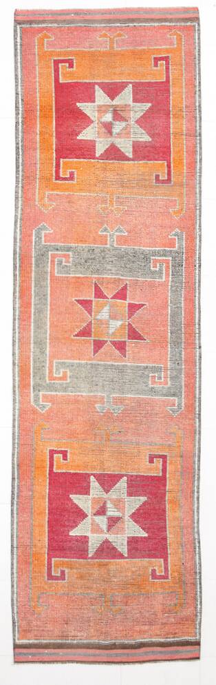 3x11 Crimson & Grey Boho Hallway Rug, Handmade Turkish Wool Rug, 93x342Cm