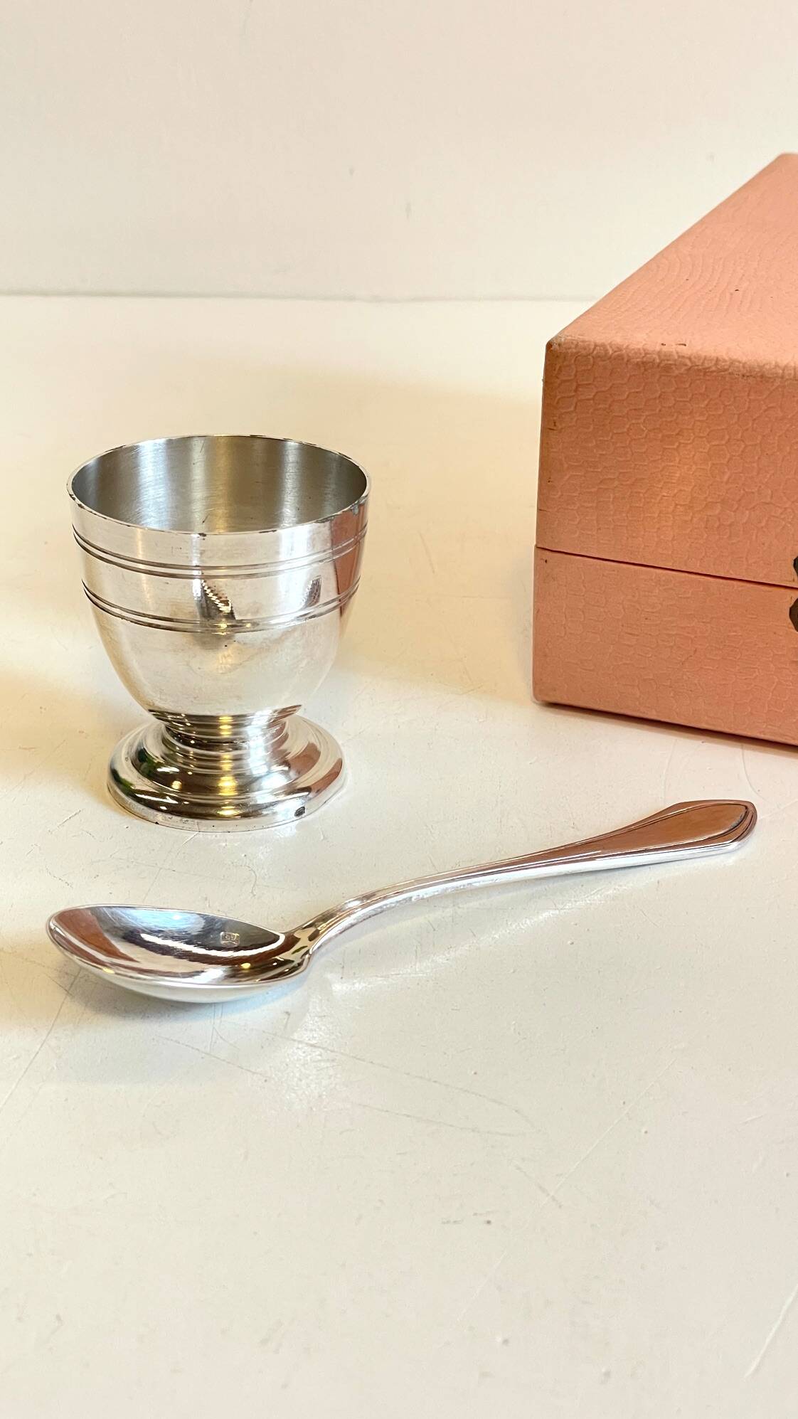 Vintage Silver-Plated Metal Egg Cup and Spoon for Birth