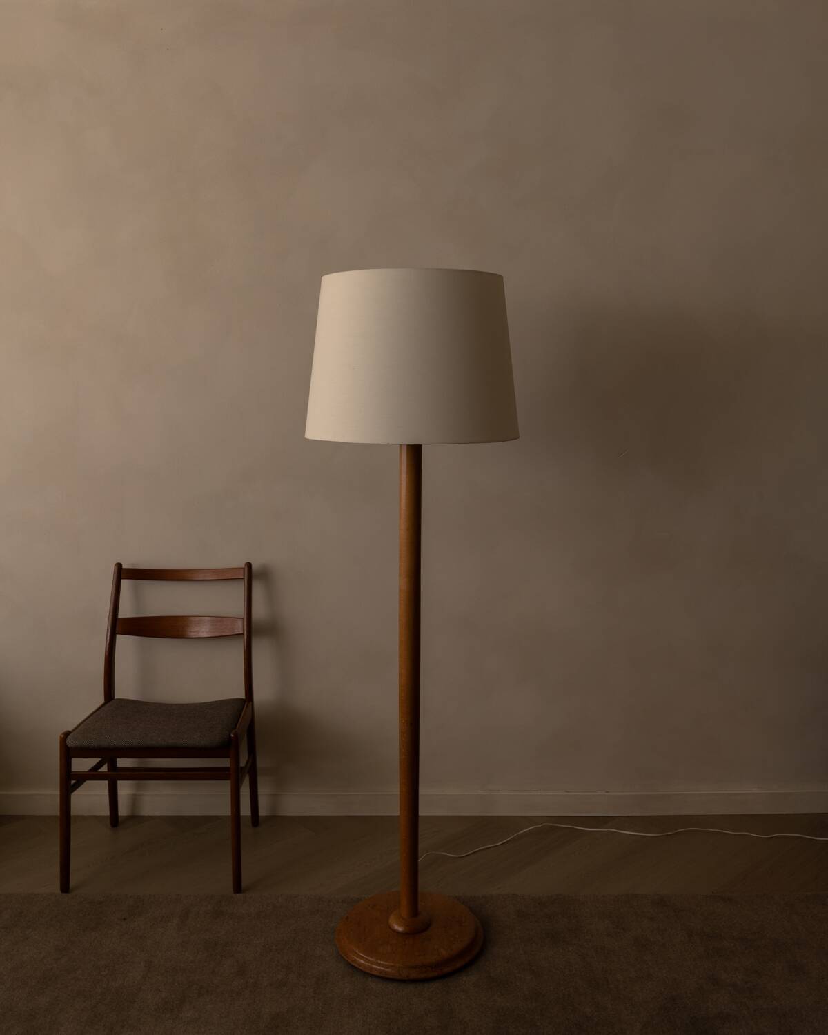 Vintage Scandinavian pine floor lamp with fabric shade